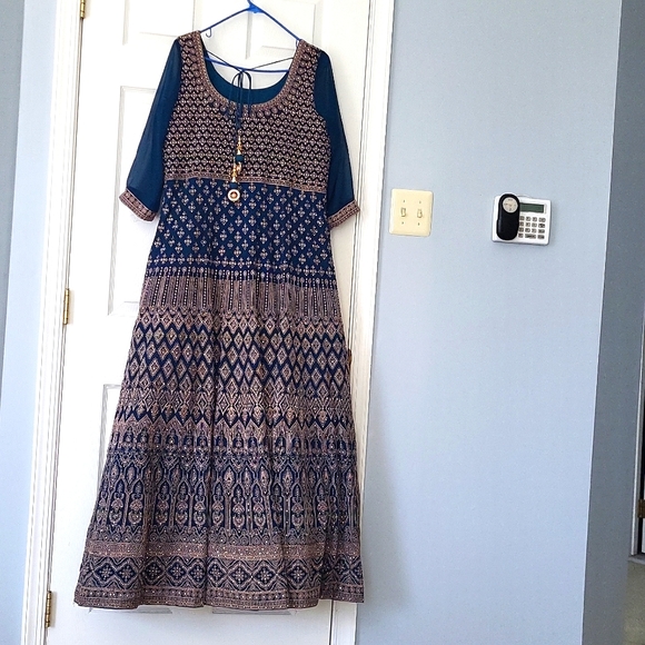 Gorgeous floor length a-line anarkali gown in peacock blue color. Bust size 42 - Picture 2 of 10